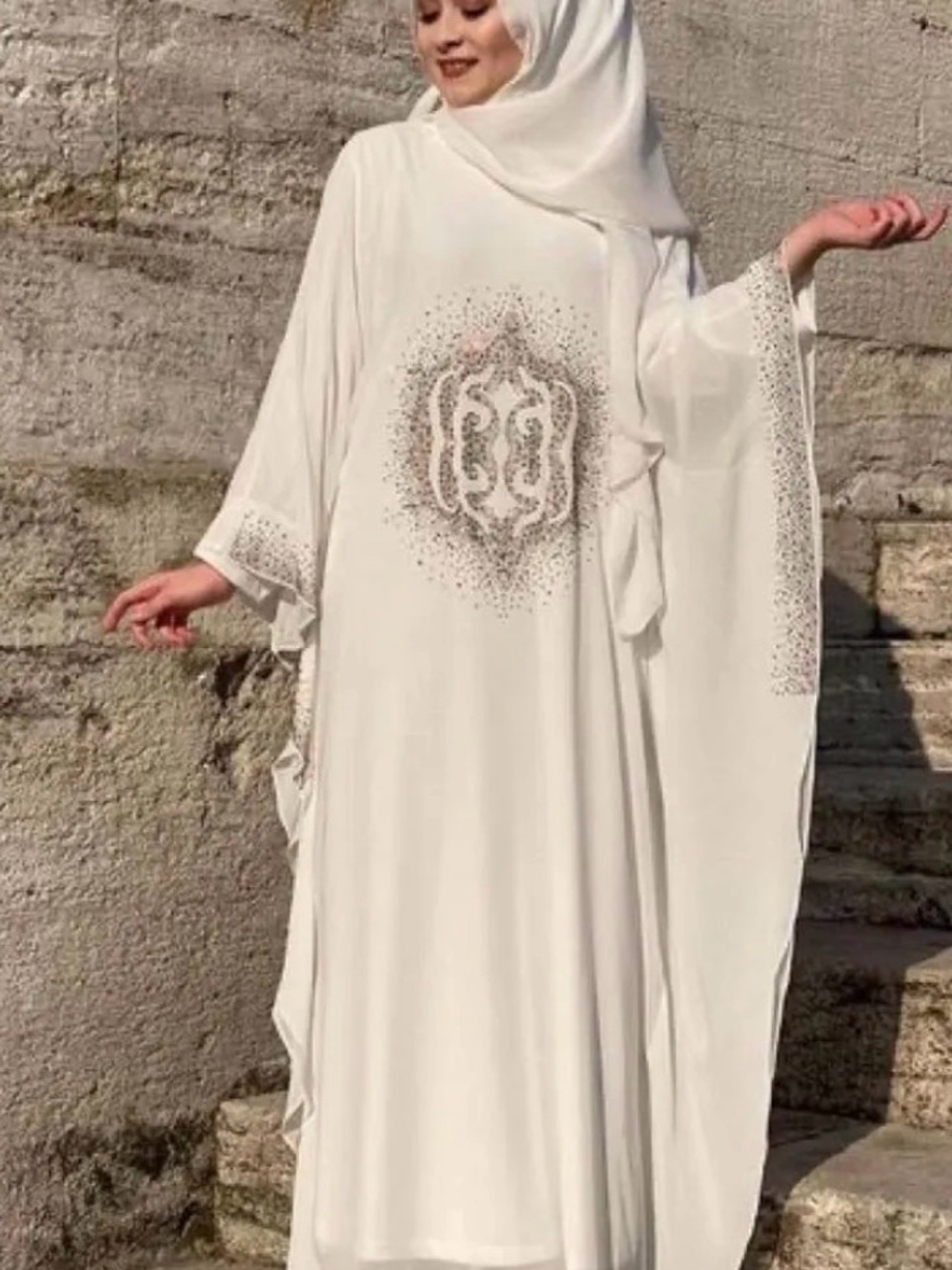 Elegant White Modest Maxi Dress with Embellished Front